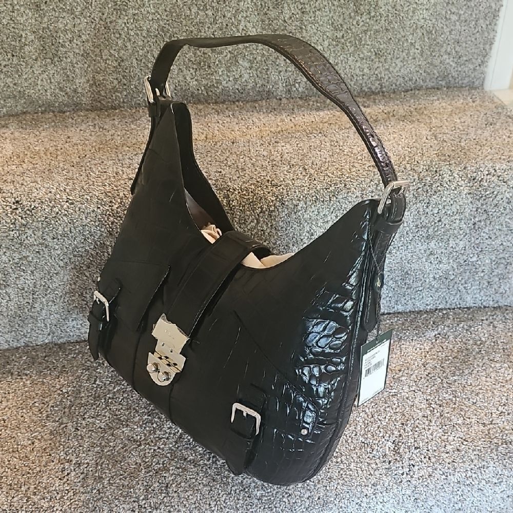 Lauren Ralph Lauren Black Croc-Embossed Leather Shoulder Bag - Picture 3 of 14